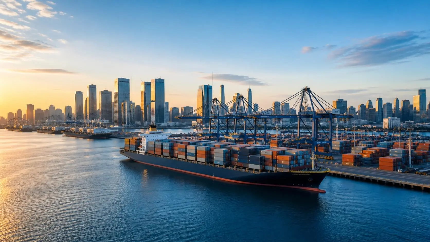 Global city skyline and container port